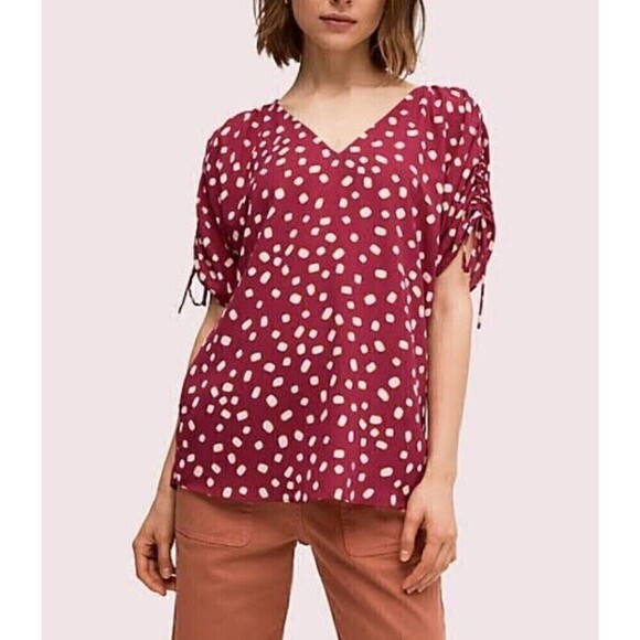 Kate Spade Mallow Dot Ruched Sleeve Top Sz M Berry White NWOT - Picture 1 of 5